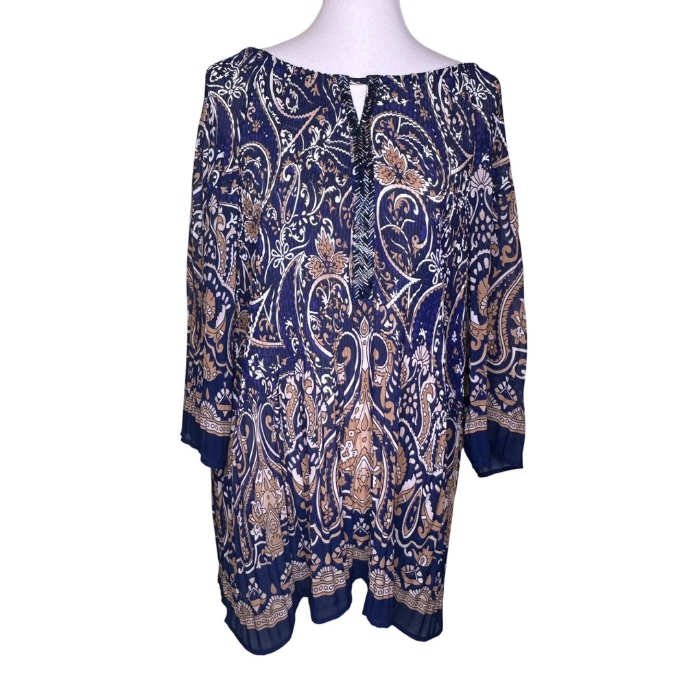 Catherines Vintage Paisley Pleated Tunic Blouse Beaded Neck Navy Blue 1X 18/20W